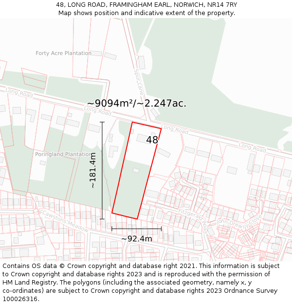 48, LONG ROAD, FRAMINGHAM EARL, NORWICH, NR14 7RY: Plot and title map