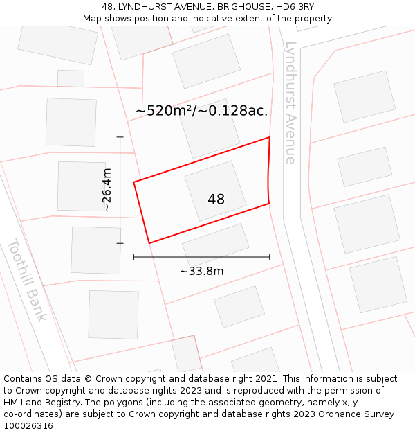 48, LYNDHURST AVENUE, BRIGHOUSE, HD6 3RY: Plot and title map