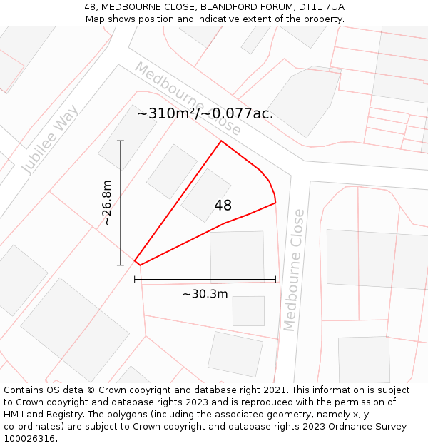 48, MEDBOURNE CLOSE, BLANDFORD FORUM, DT11 7UA: Plot and title map