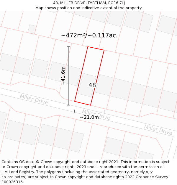 48, MILLER DRIVE, FAREHAM, PO16 7LJ: Plot and title map