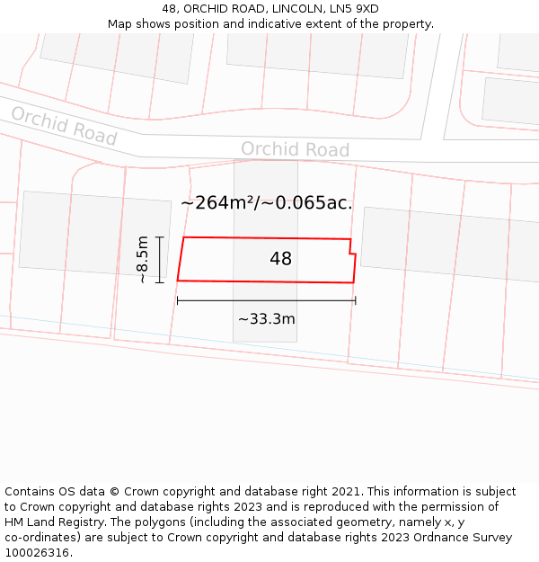 48, ORCHID ROAD, LINCOLN, LN5 9XD: Plot and title map