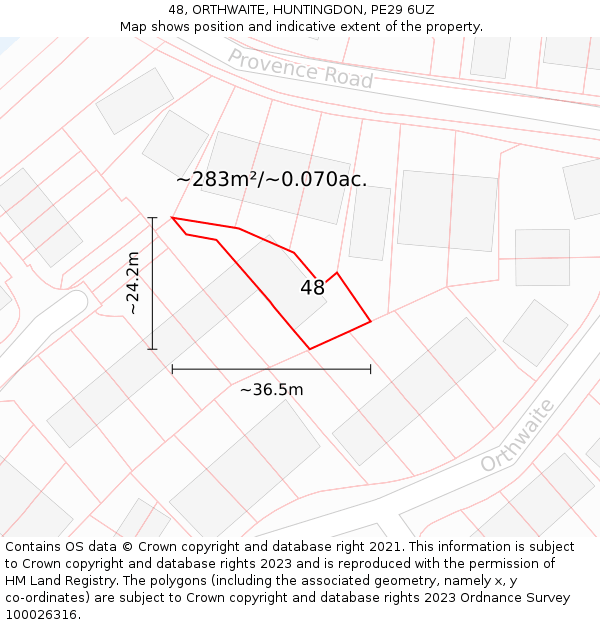 48, ORTHWAITE, HUNTINGDON, PE29 6UZ: Plot and title map