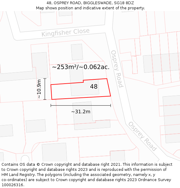 48, OSPREY ROAD, BIGGLESWADE, SG18 8DZ: Plot and title map