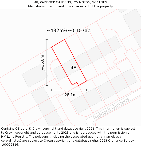 48, PADDOCK GARDENS, LYMINGTON, SO41 9ES: Plot and title map