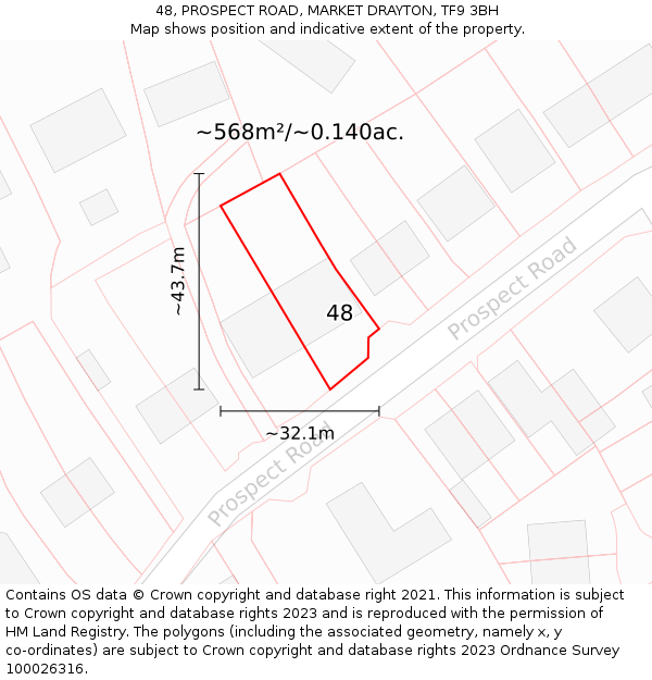 48, PROSPECT ROAD, MARKET DRAYTON, TF9 3BH: Plot and title map