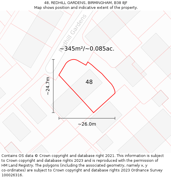 48, REDHILL GARDENS, BIRMINGHAM, B38 8JF: Plot and title map