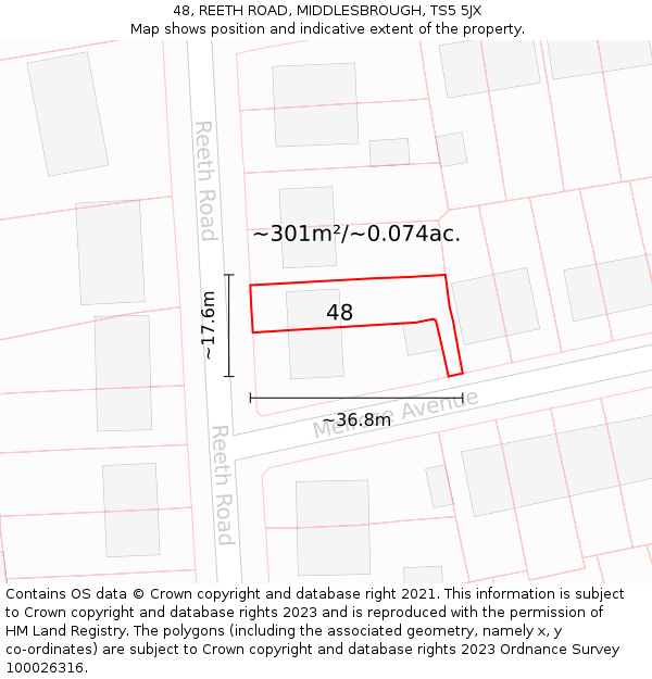 48, REETH ROAD, MIDDLESBROUGH, TS5 5JX: Plot and title map