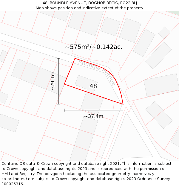 48, ROUNDLE AVENUE, BOGNOR REGIS, PO22 8LJ: Plot and title map