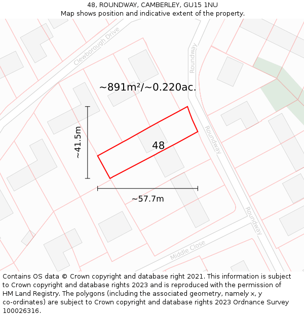 48, ROUNDWAY, CAMBERLEY, GU15 1NU: Plot and title map