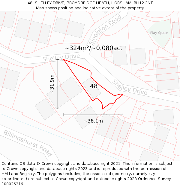 48, SHELLEY DRIVE, BROADBRIDGE HEATH, HORSHAM, RH12 3NT: Plot and title map