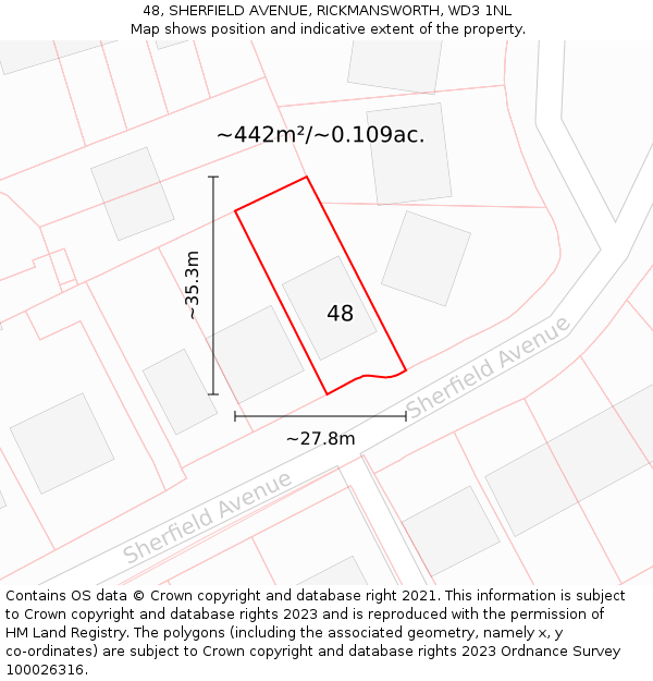 48, SHERFIELD AVENUE, RICKMANSWORTH, WD3 1NL: Plot and title map