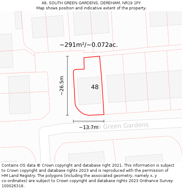 48, SOUTH GREEN GARDENS, DEREHAM, NR19 1PY: Plot and title map