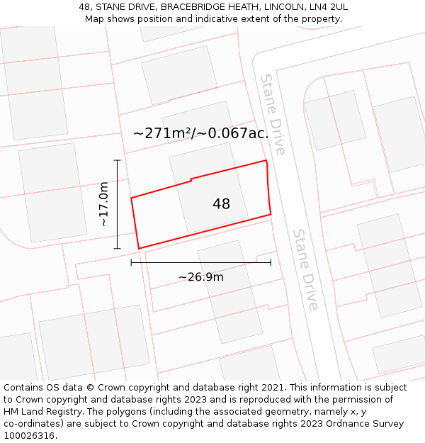 48, STANE DRIVE, BRACEBRIDGE HEATH, LINCOLN, LN4 2UL: Plot and title map