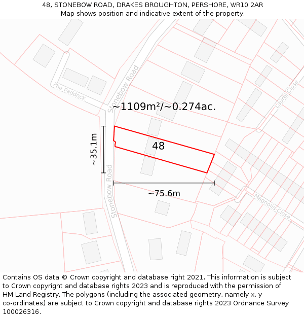 48, STONEBOW ROAD, DRAKES BROUGHTON, PERSHORE, WR10 2AR: Plot and title map