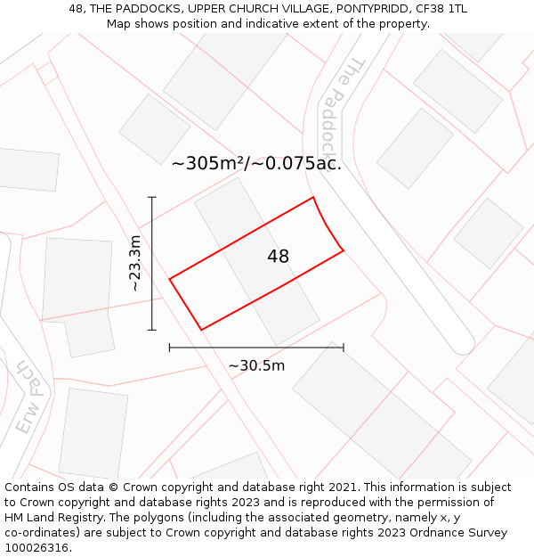 48, THE PADDOCKS, UPPER CHURCH VILLAGE, PONTYPRIDD, CF38 1TL: Plot and title map