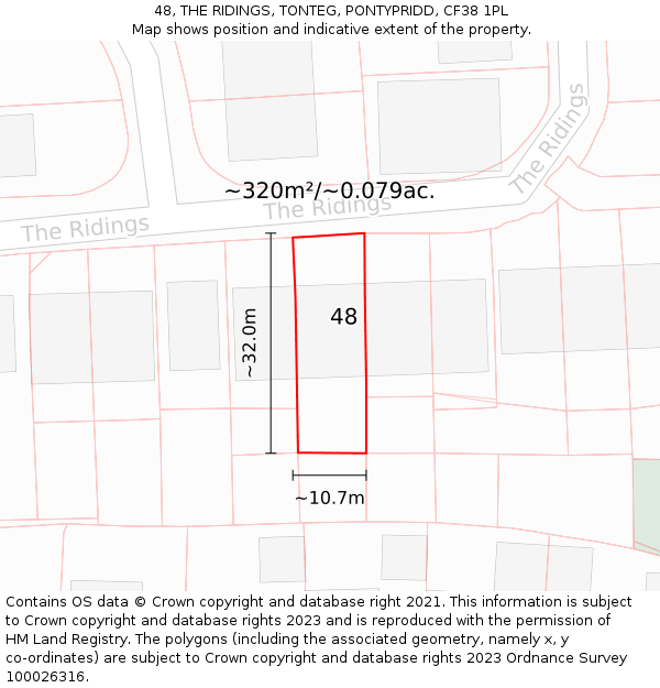 48, THE RIDINGS, TONTEG, PONTYPRIDD, CF38 1PL: Plot and title map