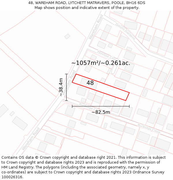 48, WAREHAM ROAD, LYTCHETT MATRAVERS, POOLE, BH16 6DS: Plot and title map