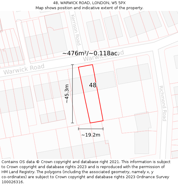 48, WARWICK ROAD, LONDON, W5 5PX: Plot and title map