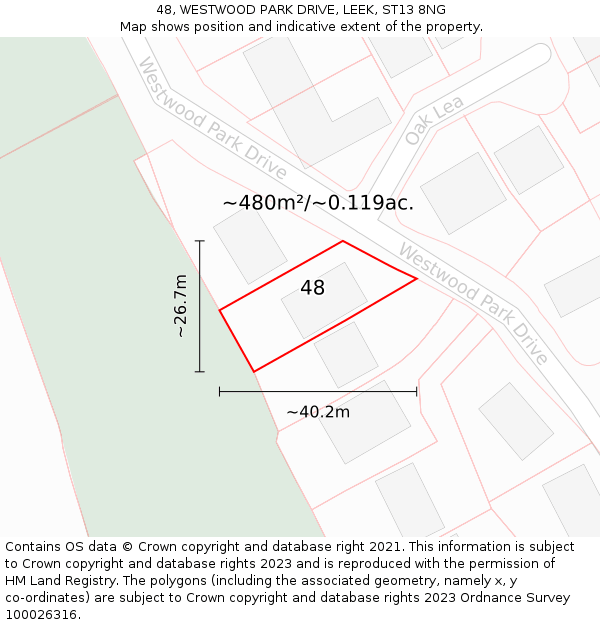 48, WESTWOOD PARK DRIVE, LEEK, ST13 8NG: Plot and title map