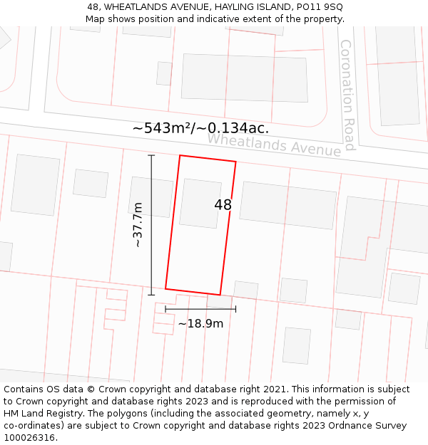 48, WHEATLANDS AVENUE, HAYLING ISLAND, PO11 9SQ: Plot and title map