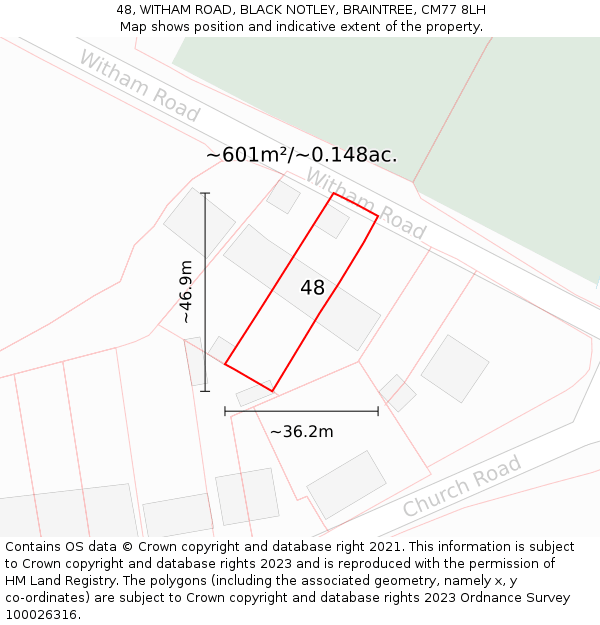 48, WITHAM ROAD, BLACK NOTLEY, BRAINTREE, CM77 8LH: Plot and title map