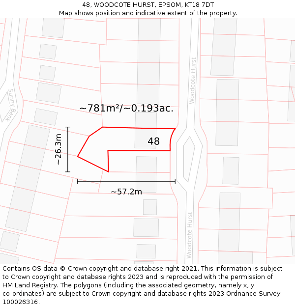 48, WOODCOTE HURST, EPSOM, KT18 7DT: Plot and title map