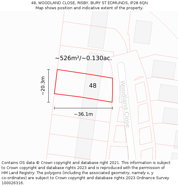 48, WOODLAND CLOSE, RISBY, BURY ST EDMUNDS, IP28 6QN: Plot and title map