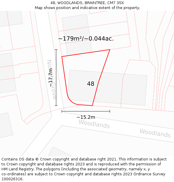 48, WOODLANDS, BRAINTREE, CM7 3SX: Plot and title map