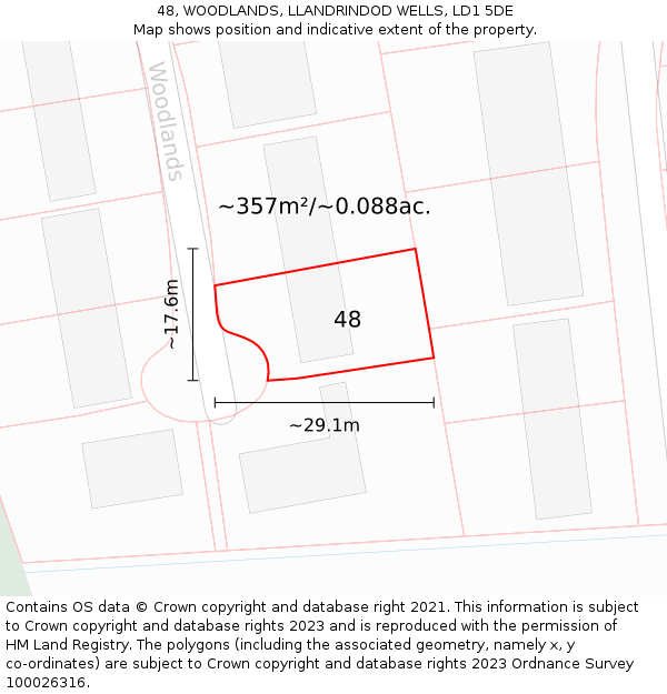 48, WOODLANDS, LLANDRINDOD WELLS, LD1 5DE: Plot and title map