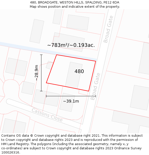 480, BROADGATE, WESTON HILLS, SPALDING, PE12 6DA: Plot and title map