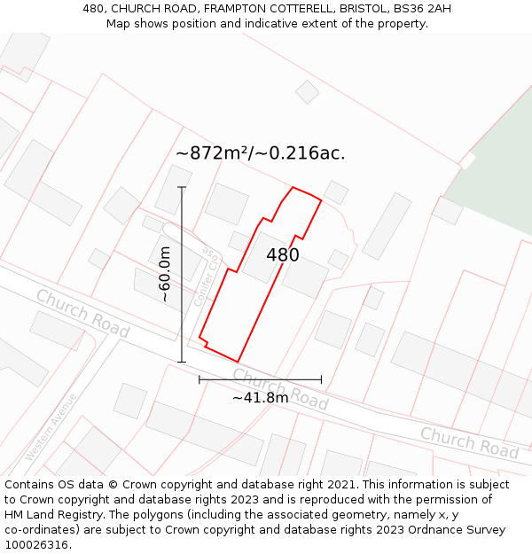 480, CHURCH ROAD, FRAMPTON COTTERELL, BRISTOL, BS36 2AH: Plot and title map