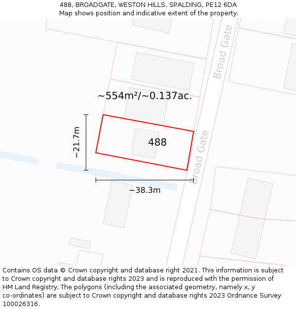 488, BROADGATE, WESTON HILLS, SPALDING, PE12 6DA: Plot and title map