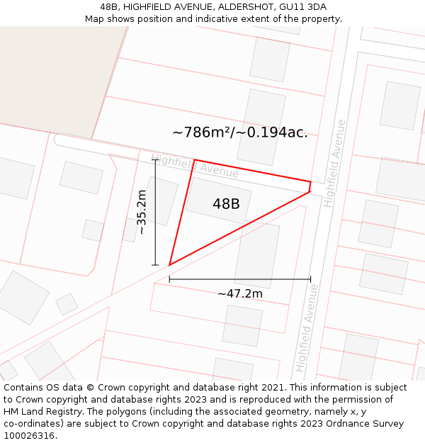 48B, HIGHFIELD AVENUE, ALDERSHOT, GU11 3DA: Plot and title map