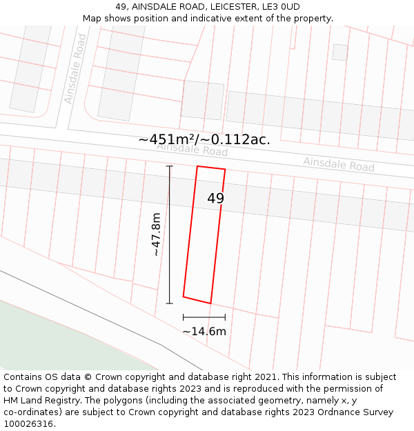 49, AINSDALE ROAD, LEICESTER, LE3 0UD: Plot and title map