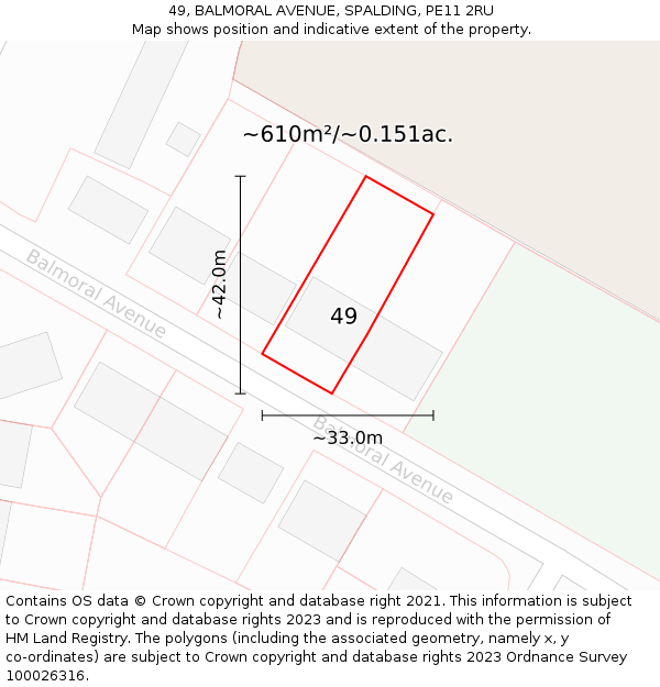 49, BALMORAL AVENUE, SPALDING, PE11 2RU: Plot and title map