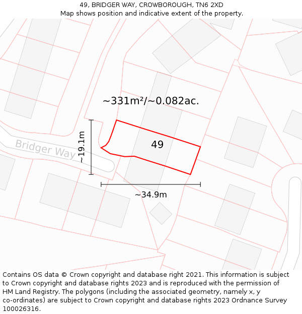 49, BRIDGER WAY, CROWBOROUGH, TN6 2XD: Plot and title map