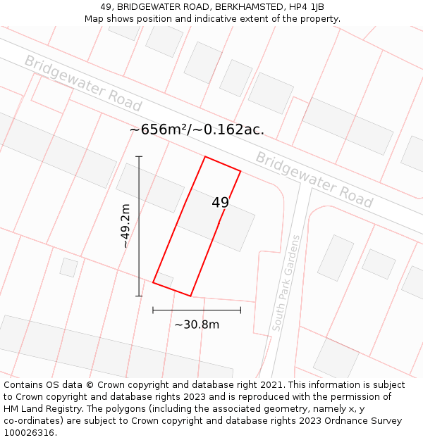 49, BRIDGEWATER ROAD, BERKHAMSTED, HP4 1JB: Plot and title map