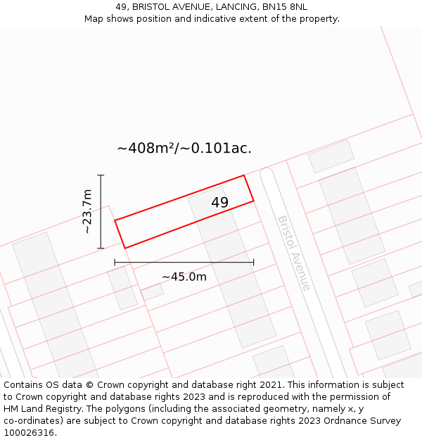 49, BRISTOL AVENUE, LANCING, BN15 8NL: Plot and title map