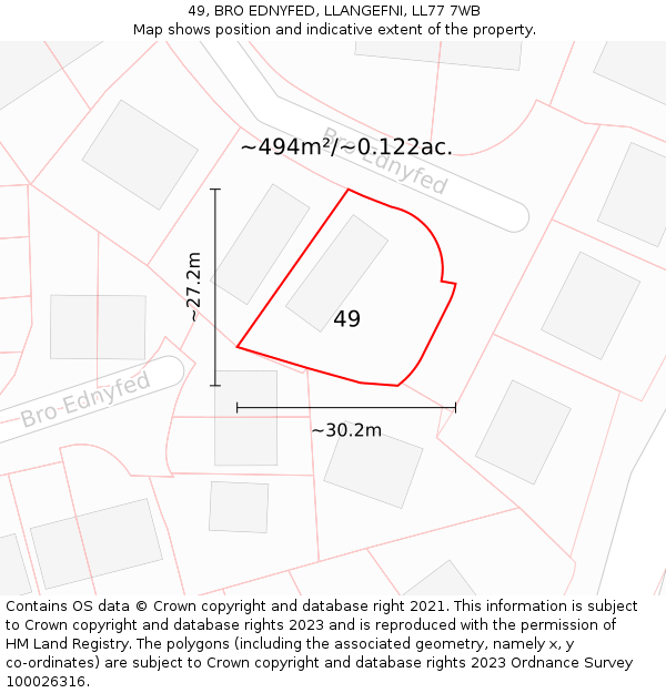 49, BRO EDNYFED, LLANGEFNI, LL77 7WB: Plot and title map