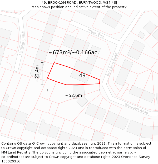 49, BROOKLYN ROAD, BURNTWOOD, WS7 4SJ: Plot and title map