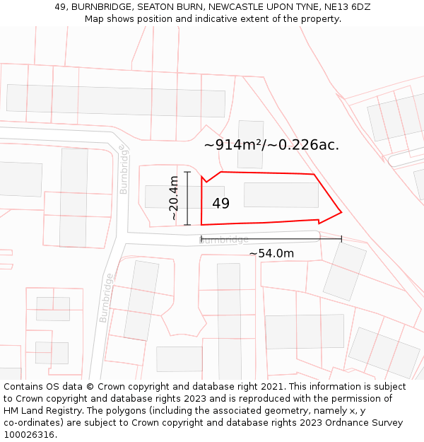 49, BURNBRIDGE, SEATON BURN, NEWCASTLE UPON TYNE, NE13 6DZ: Plot and title map