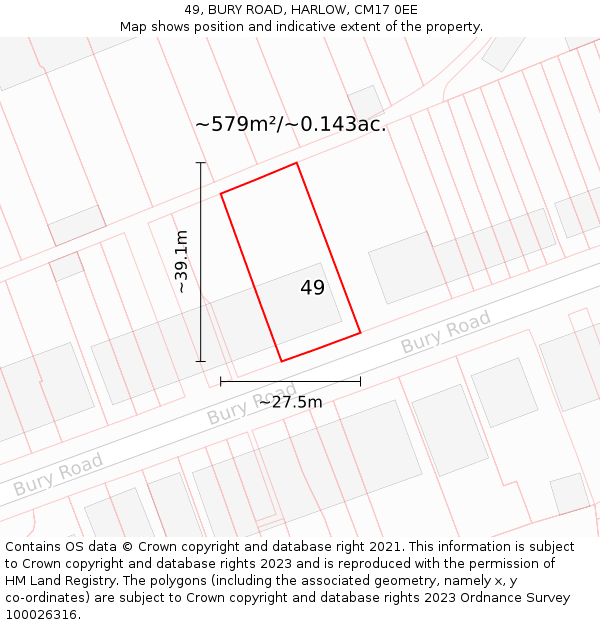 49, BURY ROAD, HARLOW, CM17 0EE: Plot and title map