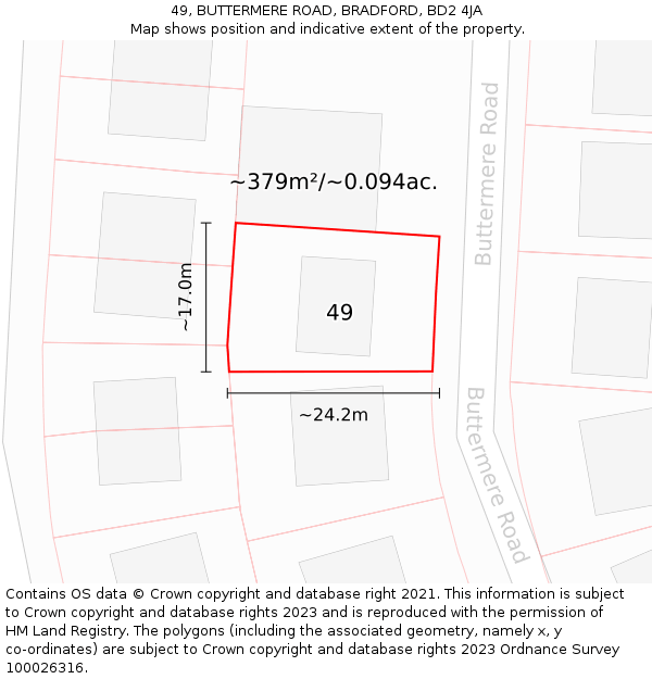 49, BUTTERMERE ROAD, BRADFORD, BD2 4JA: Plot and title map