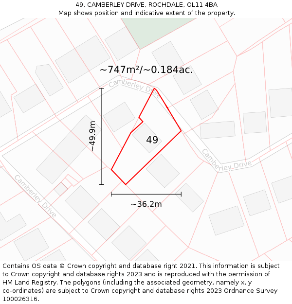 49, CAMBERLEY DRIVE, ROCHDALE, OL11 4BA: Plot and title map