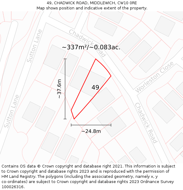 49, CHADWICK ROAD, MIDDLEWICH, CW10 0RE: Plot and title map