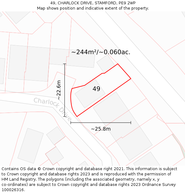 49, CHARLOCK DRIVE, STAMFORD, PE9 2WP: Plot and title map