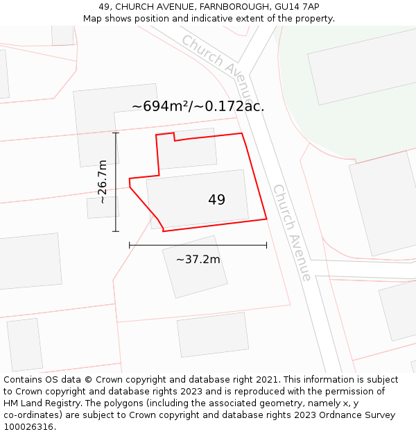 49, CHURCH AVENUE, FARNBOROUGH, GU14 7AP: Plot and title map