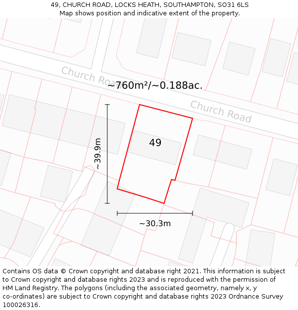 49, CHURCH ROAD, LOCKS HEATH, SOUTHAMPTON, SO31 6LS: Plot and title map