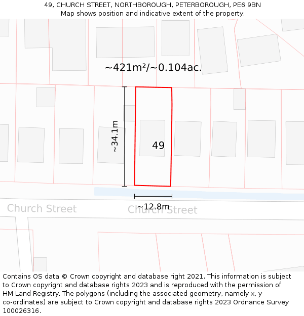 49, CHURCH STREET, NORTHBOROUGH, PETERBOROUGH, PE6 9BN: Plot and title map