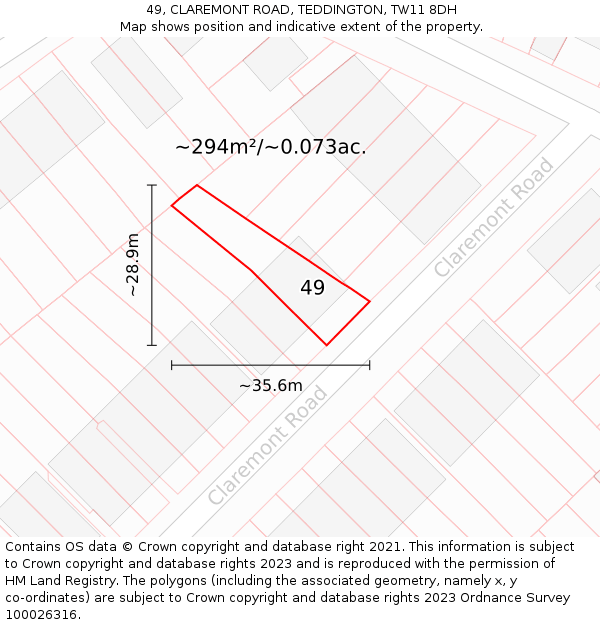 49, CLAREMONT ROAD, TEDDINGTON, TW11 8DH: Plot and title map